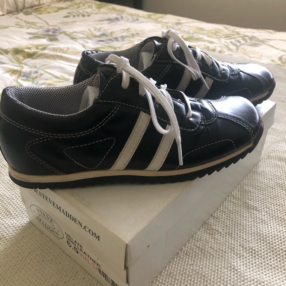 Steve Madden Retro Sneakers Nelani Brin Black Leather Lace Up Shoes Size 6.5